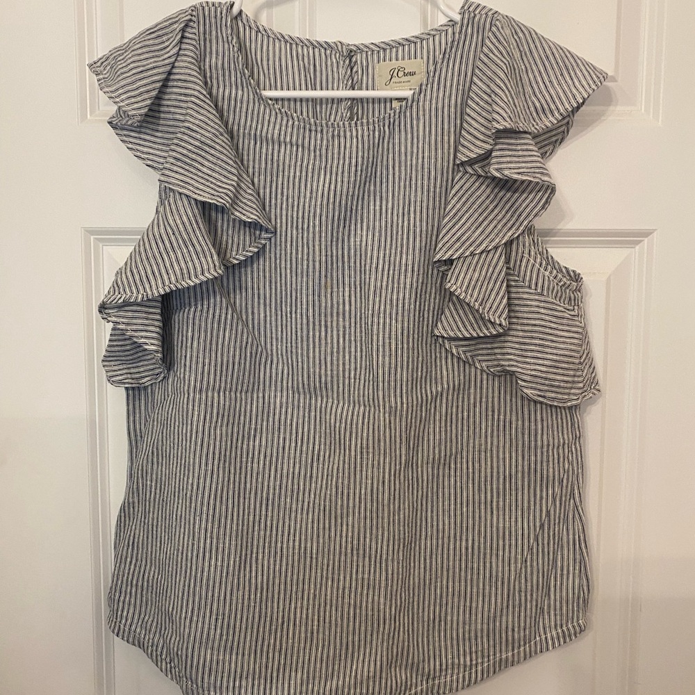 Jcrew linen blouse with ruffle cap shoulder